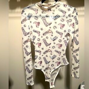 NWT Boutique Buy Cowboy/Western Print Long Sleeve Sheer Bodysuit
